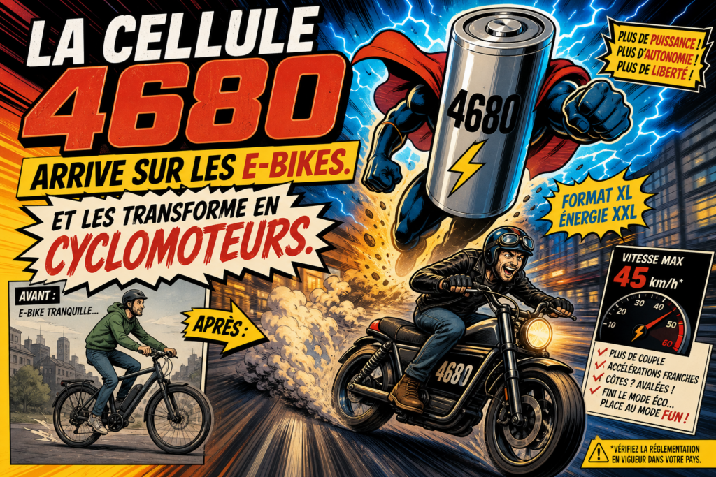 4680, format de cellule, batterie e bike, VTTAE, 21700, 18650, technologie batterie, densité énergétique, emballement thermique, VTTAE léger, sécurité batterie, cellule cylindrique, anode silicium, MTB Report